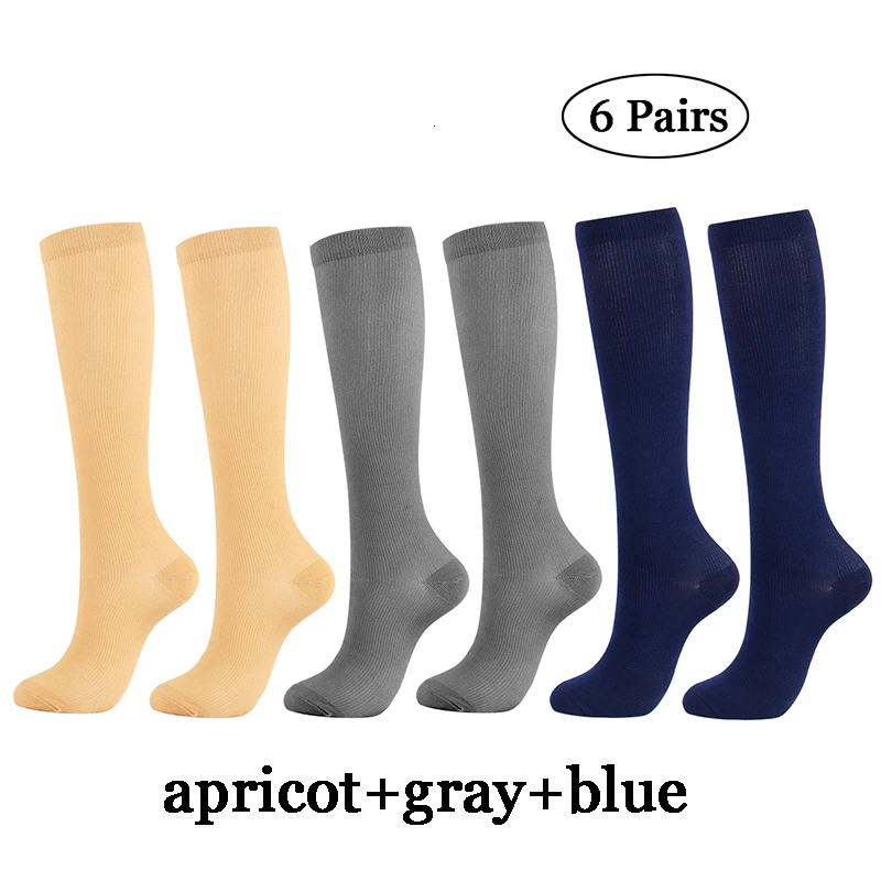 6 пар/лот, белые, черные, серые компрессионные чулки, Компрессионные носки для ног, унисекс, 15-20 мм рт. Ст., для бега, нейлоновые, для мужчин и женщин, спортивные - Цвет: apricot-gray-blue