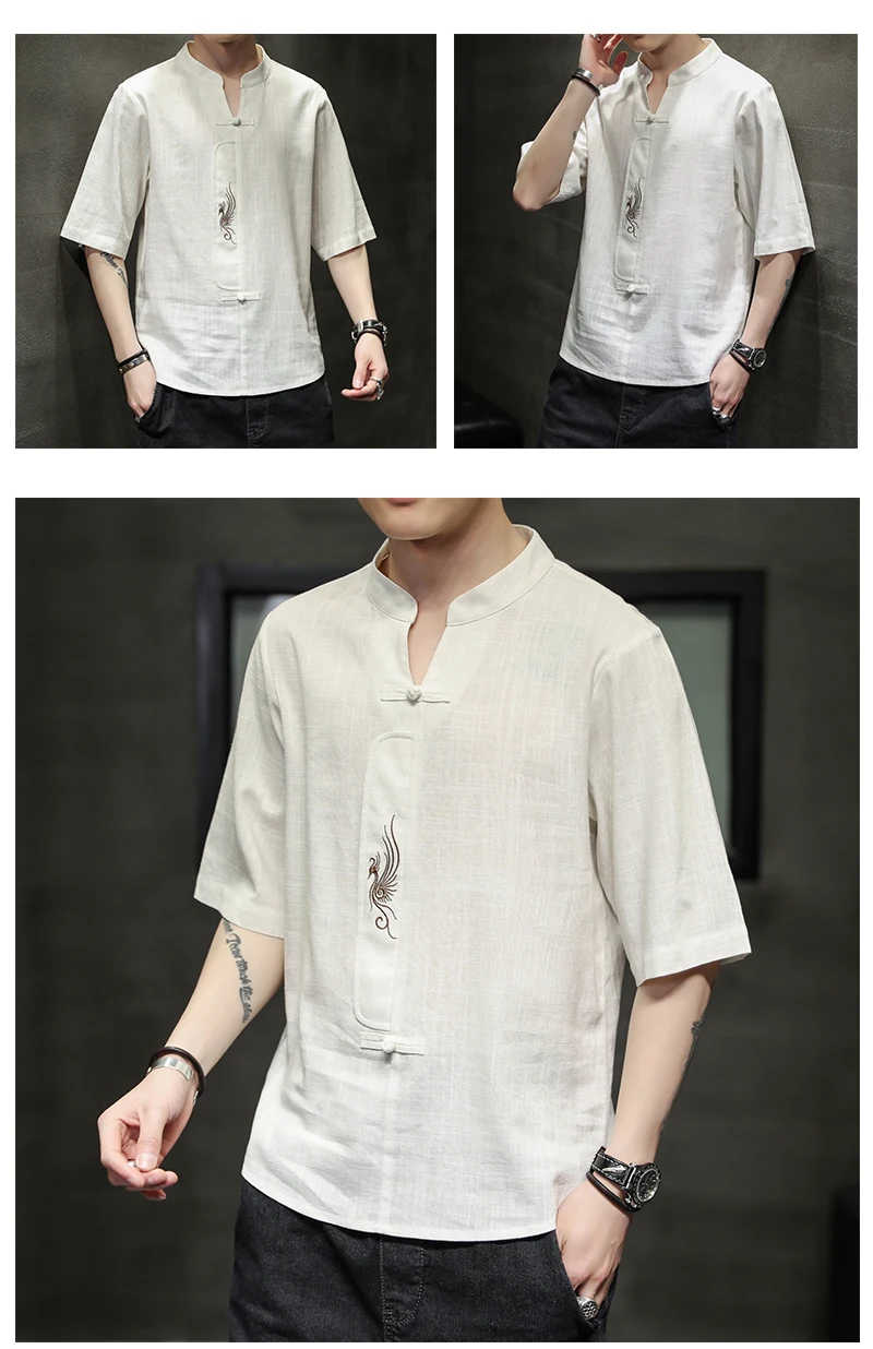 Camiseta de linho bordado chinês, roupa curta