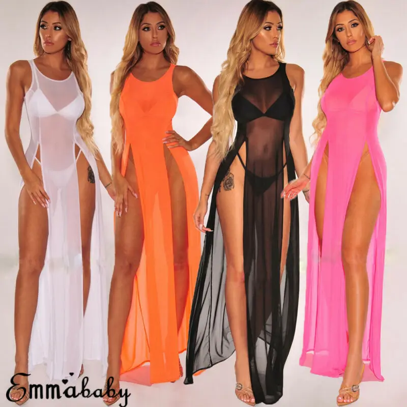 

2019 One Piece Women's Bikini Swimsuit Cover up Silk Summer Beach Wear Mesh Sheer Long Split Dress Summer Bathing Suit Hot