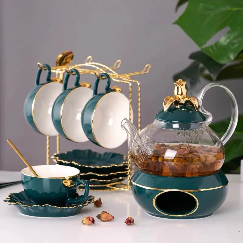 

Nordic Ceramic Coffee Tea Cup Set with Stainless Holder Glass Teappot Stove Base British Porcelain Tea Set