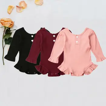 

Cute Kids Baby Girl Knitted Cotton Bodysuits Long Sleeve O-Neck Ruffle Bodysuit Newborn Autumn Clothes Solid Jumpsuits 0-18M
