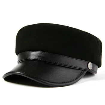 

LA 2020 Fashion Genuin Leather Military Hat Autumn Sailor Hat For Women Men Black flat top Female travel cadet hat Captain Cap
