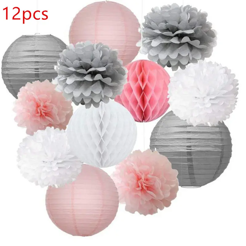 

12pcs Mixed Pink Gray White Decorative Paper Pompoms Flower Hanging Paper Lantern Honeycomb Balls Wedding Birthday Shower Decora