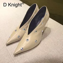 New V-mouth Pumps Women Shoes Sexy Pointed Toe Grandmother Shoe Woman Pumps Shallow Rhinestone Single Lady High Small Heels Shoe