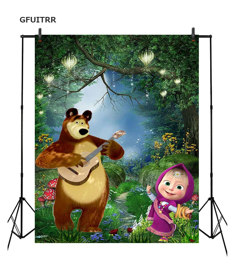 

GFUITRR Masha and Bear Photography Backdrops Birthday Baby Shower Fairy Forest Photo Background Fabric Vinyl Photo Backdrop