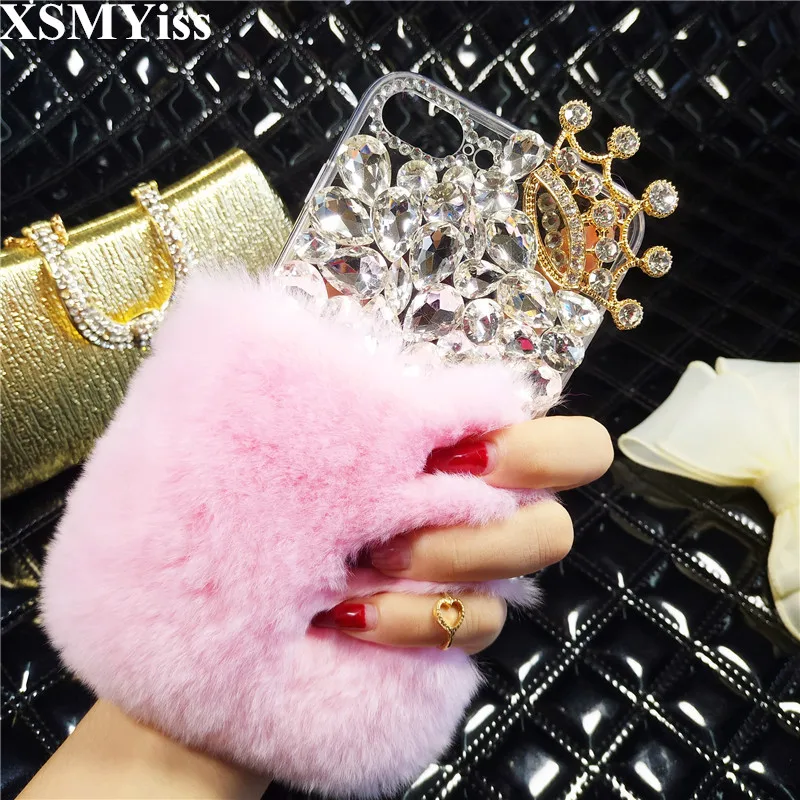 

Bling Crystal Diamond Crown Fluffy Rabbit Fur Case Winter Crystal Soft Case For iphone X XS MAX XR 11 Pro MAX 5S SE 6S 7 8 Plus