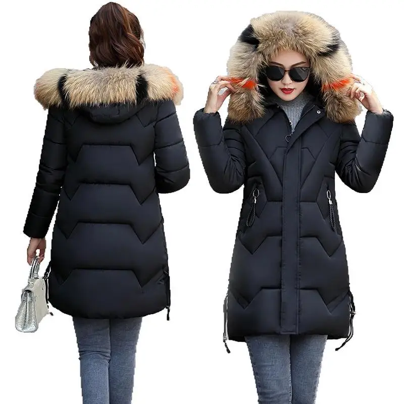 

2019 Winter New Style Cotton-padded Clothes Women's Mid-length Large Fur Collar Korean-style Slim Fit Thick Coat Large Size Cott