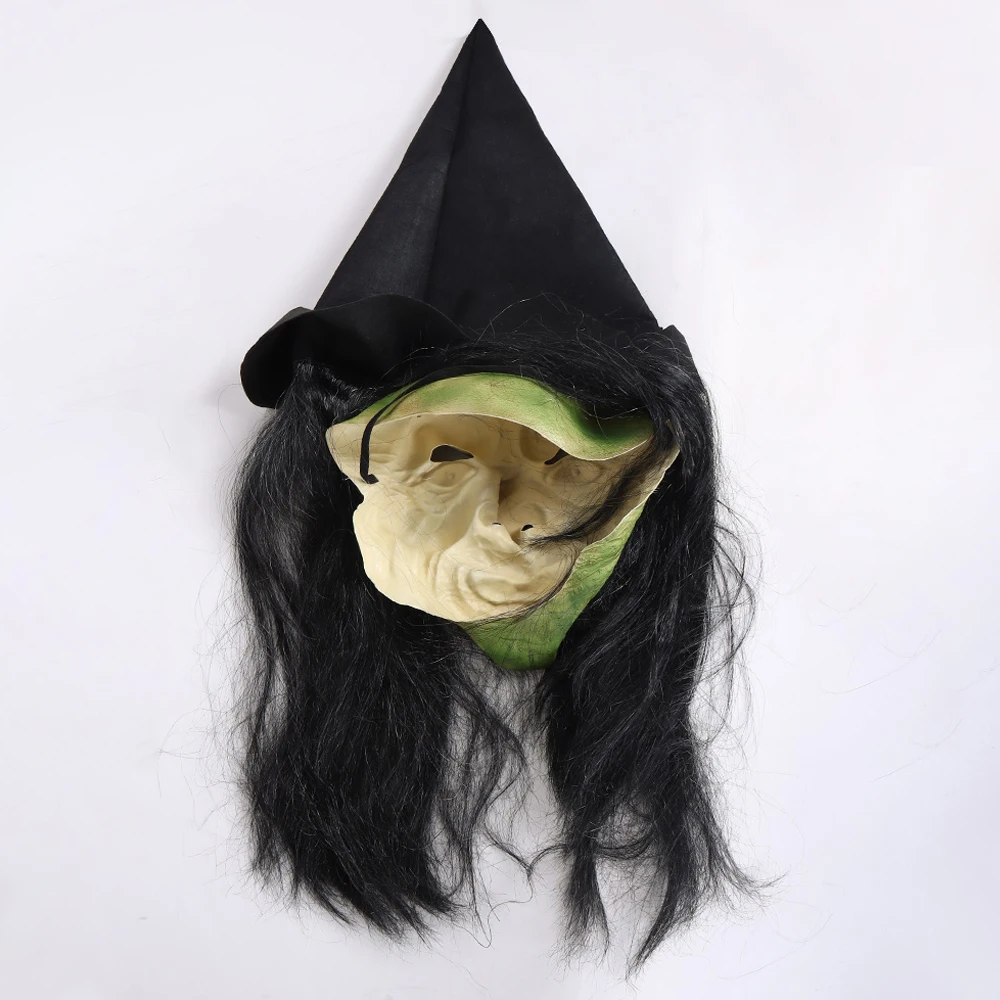 Halloween Old Witch Green Face Big Nose Old Women Cosplay Mask With Hat