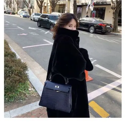 AYUNSUE, длинное женское меховое пальто, зимняя куртка для женщин, имитация кроличьего меха, меховые пальто и куртки из искусственного меха размера плюс KJ3611 - Цвет: Black