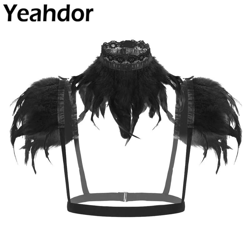 

2Pcs Women Gothic Victorian Natural Feather Shrug Shawl Shoulder Wrap Cape with Collar for Halloween Costume Party Masquerade