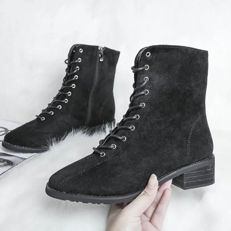 

Ankle Round Toe Med Women Boots Fashion Solid Punk Motorcycle Boots Casual Lace Up Shoes