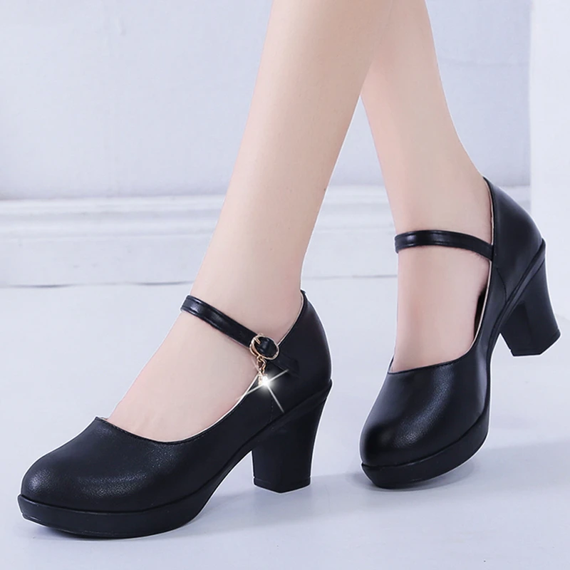 High Heel 6cm Office Shoes Woman Platform Chunky Heels Ankle Strap Pumps Women Bottom Non slip Ladies Shoes Pumps| -