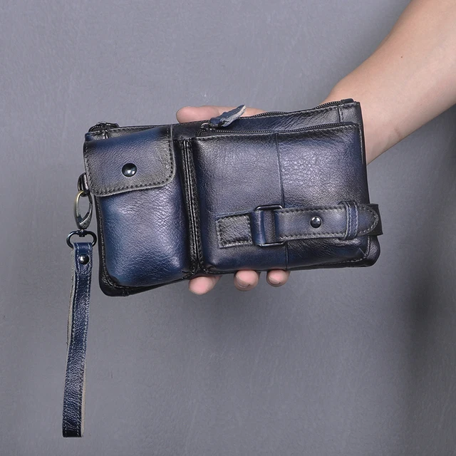 New Hot Sale Quality Leather men Fashion Travel Fanny Waist Belt Bag Chest Pack Sling Clutch Bag Design Phone Case Male 8135-d blue-black