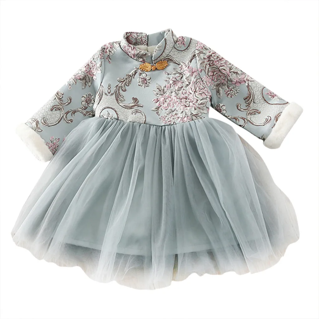 Платье Для девочек в китайском стиле; зимнее Платье принцессы с цветочной вышивкой Для маленьких девочек; новогодний костюм в стиле династии Тан; Платье с фатиновой юбкой Для девочек