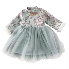 Платье Для девочек в китайском стиле; зимнее Платье принцессы с цветочной вышивкой Для маленьких девочек; новогодний костюм в стиле династии Тан; Платье с фатиновой юбкой Для девочек