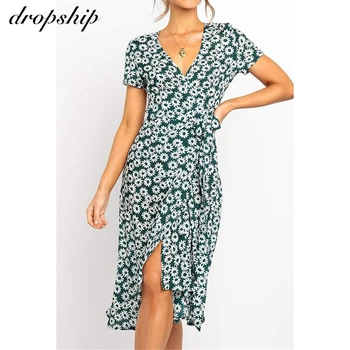 

Dropship Maxi Dress Summer Elegant Boho Casual Short Sleeve Dresses For Women Print Chiffon Dresses Floral V Neck Sashes Summmer