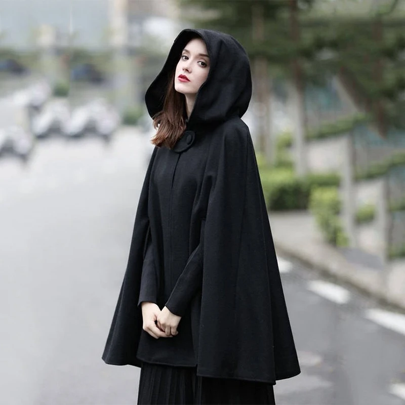 

Hooded Women Gothic Black Oversize Solid Color Capes Ponchos Indie Style Loose Fashion Outerwear Winter Clothes Y2K Coat Goth
