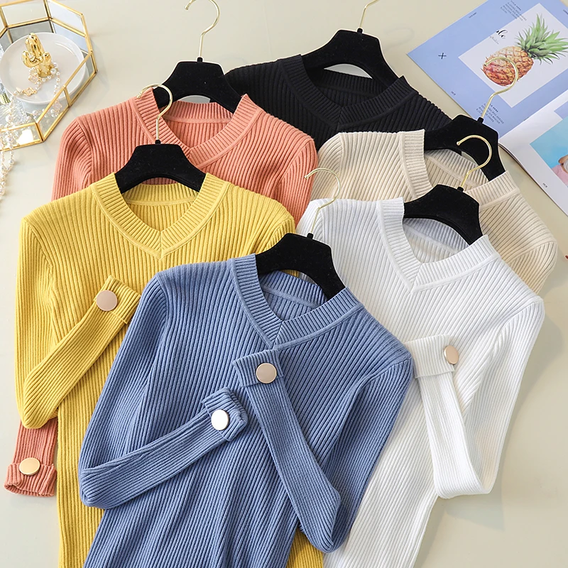 

Autumn Women Knitting Full Sleeve V-neck Sweaters Pullovers Girls Knitted Soft Slim Tops Jumpers With Decorated Buttons