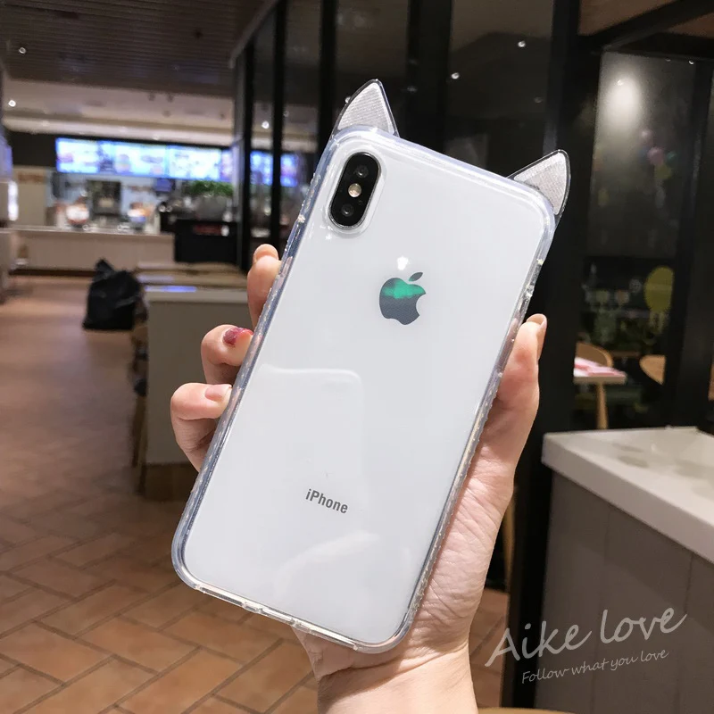 N1986N Телефон чехол для iPhone 6 6s 7 8 Plus X XR XS Max роскошный сверкающий чехол с кристаллами милые кошачьи уши прозрачный мягкий TPU для iPhone X чехол для телефона