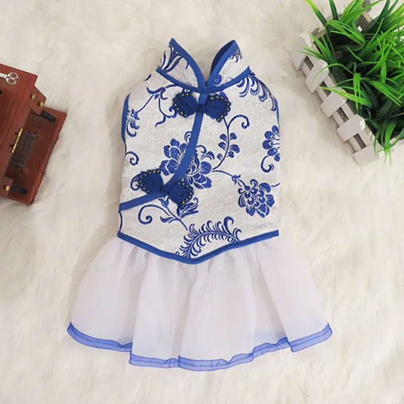 Летнее платье для собак Одежда для собак сине-белые анемоны Cheongsam платье для кошек из тюля платья для собак для маленьких средних собак