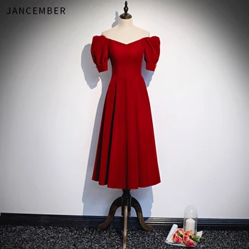 

WLN18585 JANCEMBER cocktail dress party short sleeves off shoulder knee length zipper back simple red gown robe de soirée rouge