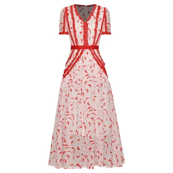 

HIGH QUALITY Newest Fashion 2020 Runway Dress Women's V-Neck Short Sleeve Lace Fringed Chiffon Print Casual Dress