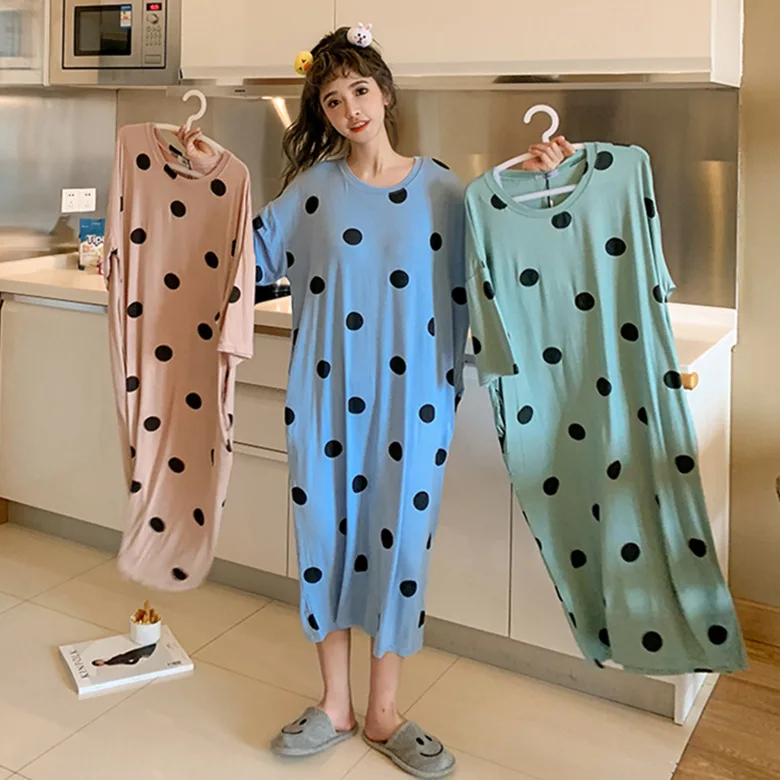 

Summer Short-sleeved Nightgown Women's Beans Blue Wave Point M-xxl2020 New Style 3-Color Have Pocket