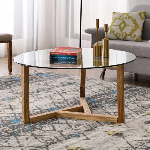 

Round Glass Coffee Table Modern Cocktail Table Easy Assembly Sofa Table For Living Room With Top Amp Sturdy Wood Base #3
