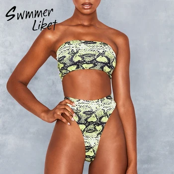 

Snake print swimsuit women Vintage bikini 2020 High waist swimwear female Off-shoulder Sexy thong bathing suit beach wear new