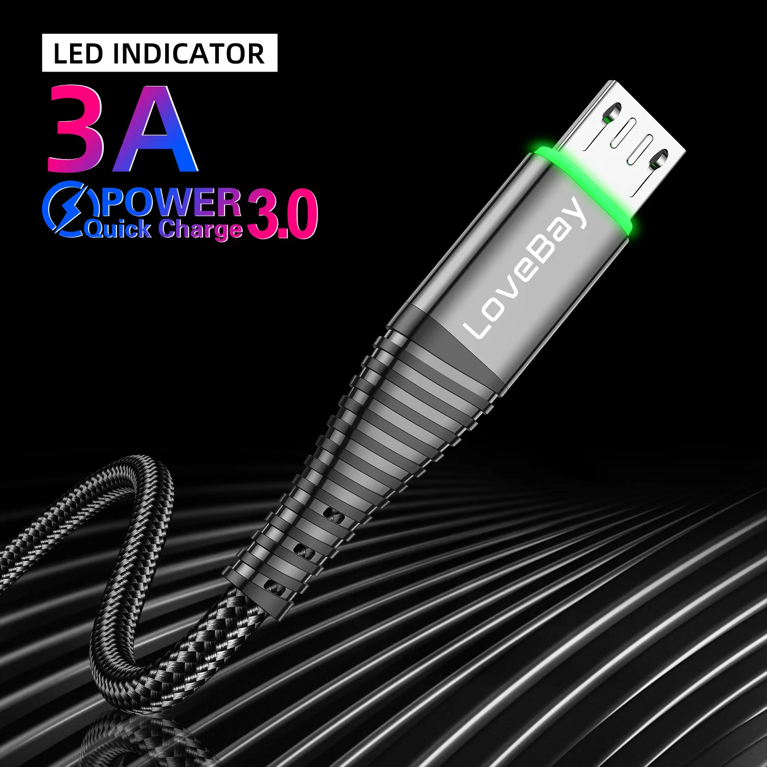 Lovebay USB кабель Быстрая зарядка и передача данных 3A Max для micro usb для android мобильного телефона Встроенный зеленый ЖК-светильник
