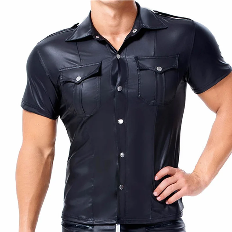 3XL мужские футболки из искусственной кожи, отложной воротник, короткий рукав, рубашки на пуговицах, вечерние, Клубная одежда, уличная одежда, повседневные, мото, мужские топы, футболки
