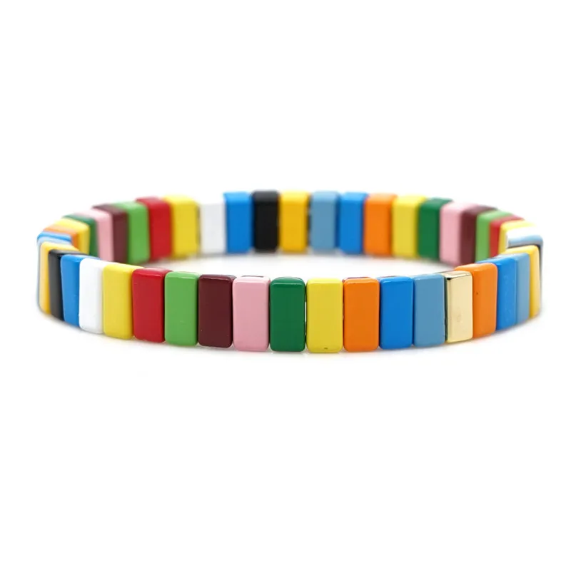 

2019 New Hot Sell Enamel Rainbow Tile Bracelet Colorful Enameled Elastic Tile Bead Bracelet Women Stackable Jewelry Dropship