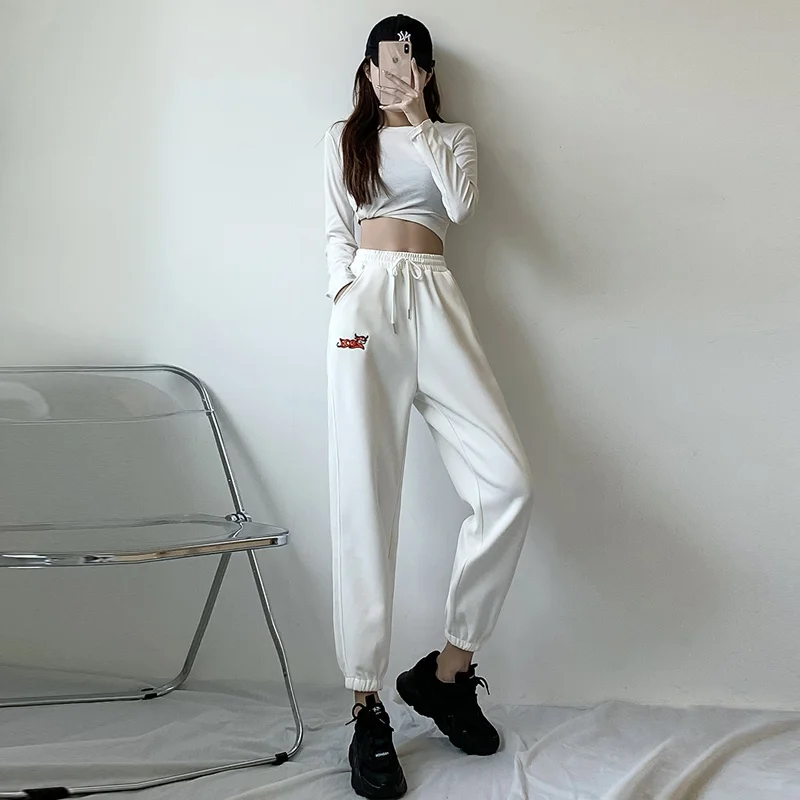 Women's Pants White Small 150cm Sports Female Loose Tappered Ins Trendy Slimming Spring and Autumn 2021 New Sweatpants | Женская