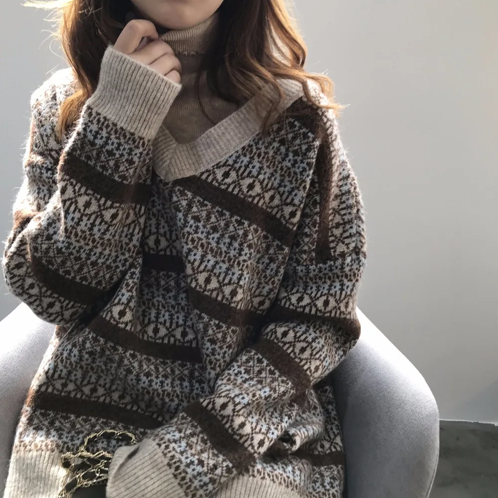 Зимний ленивый свободный свитер для женщин с v-образным вырезом Harajuku узор пуловер Трикотаж Morigirl стиль вязаные свитера Smart casual