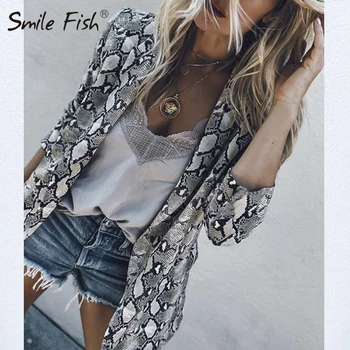 

Casaco Notched Collar Blazer Autumn Pocket Open Stitch Coat Fashion Streewear Women Snake Leopard Printed Blazer Outerwear M0089