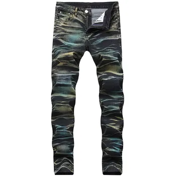 

New Fashion Men's Painted Jeans Pants Slim Fit Stretch Denim Trousers For Male Straight Washed Size 28-42