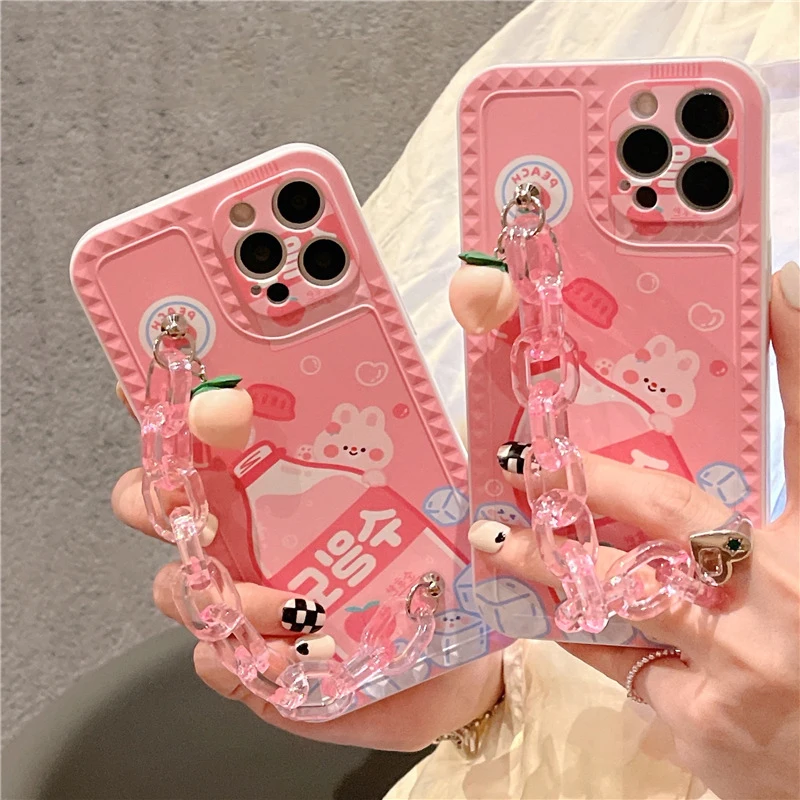 Kawaii Peach Pendant Chain Phone Case For iphone 12 11 Pro XS Max 7 8 plus X XR SE 2020 Back Cover Cartoon Bear Silicone Cases | Мобильные