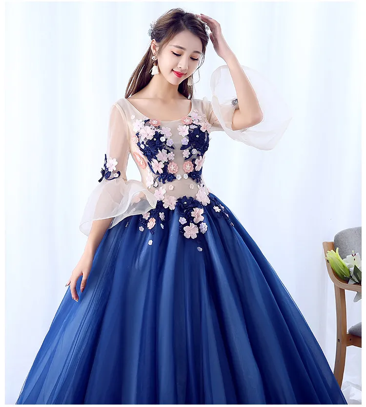 Vestidos De 15 Anos Azul Ball Gowns Sweet 16 Long Blue Flare Sleeve Appliques Girl Quinceanera Dresses For Quinceanera 15 Years