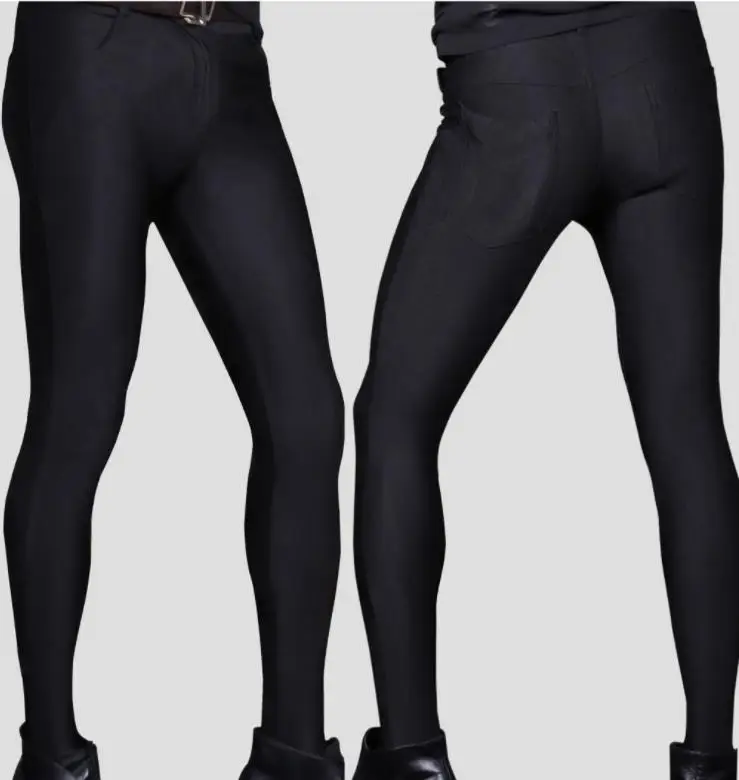 Men Sexy Pants with Socks Leggings Spandex Barber Trousers Slim Tight Stretchy High Elastic Nightclub