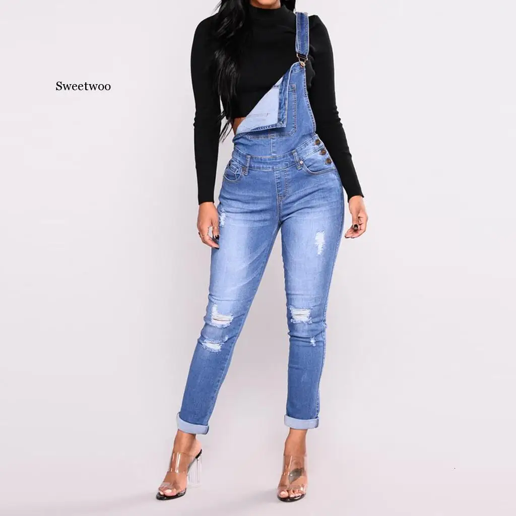 Fashion Overalls For Women Denim Rompers Ladies Jumpsuit Jeans Hole Women's With Holes In Their Straps Tight Calf Streetwear