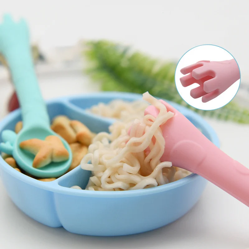 Cute Kids Infant Baby Giraffe Learning Training Spoon Fork Teether BPA Free Safety Silicone Baby Feeding Teething Tableware Toy