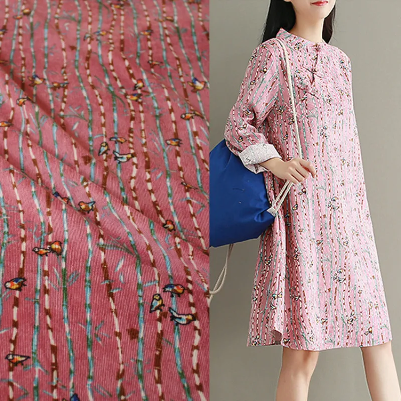 Пол метра бамбуковая полоса маленькая птица печати хлопок вельвет ткань для платья рубашки женская одежда материал T934