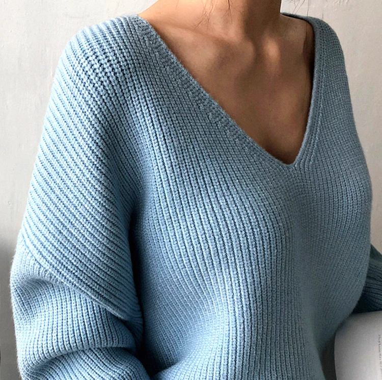 Новинка осень зима женские свитера v-образный вырез минималистичные топы корейский стиль Шикарный вязаный Повседневный свободный свитер для женщин