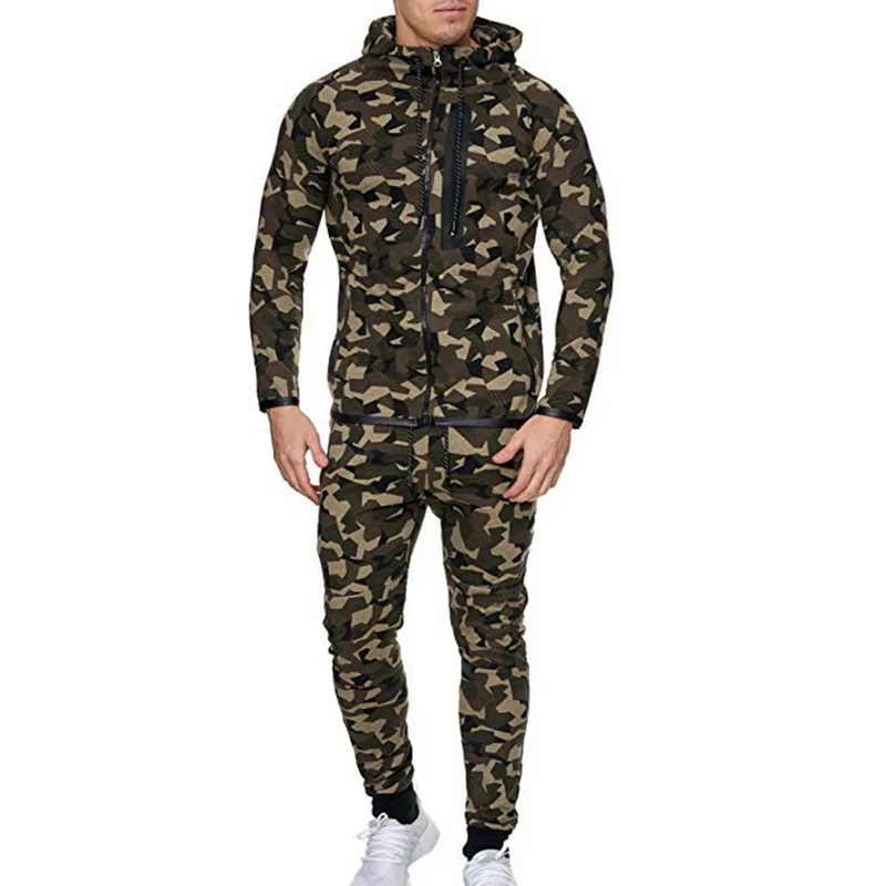 Shujin костюмы новая мужская спортивная одежда Повседневная с длинным рукавом на молнии камуфляжная толстовка с капюшоном комплект из двух предметов спортивный костюм мужчины весна осень