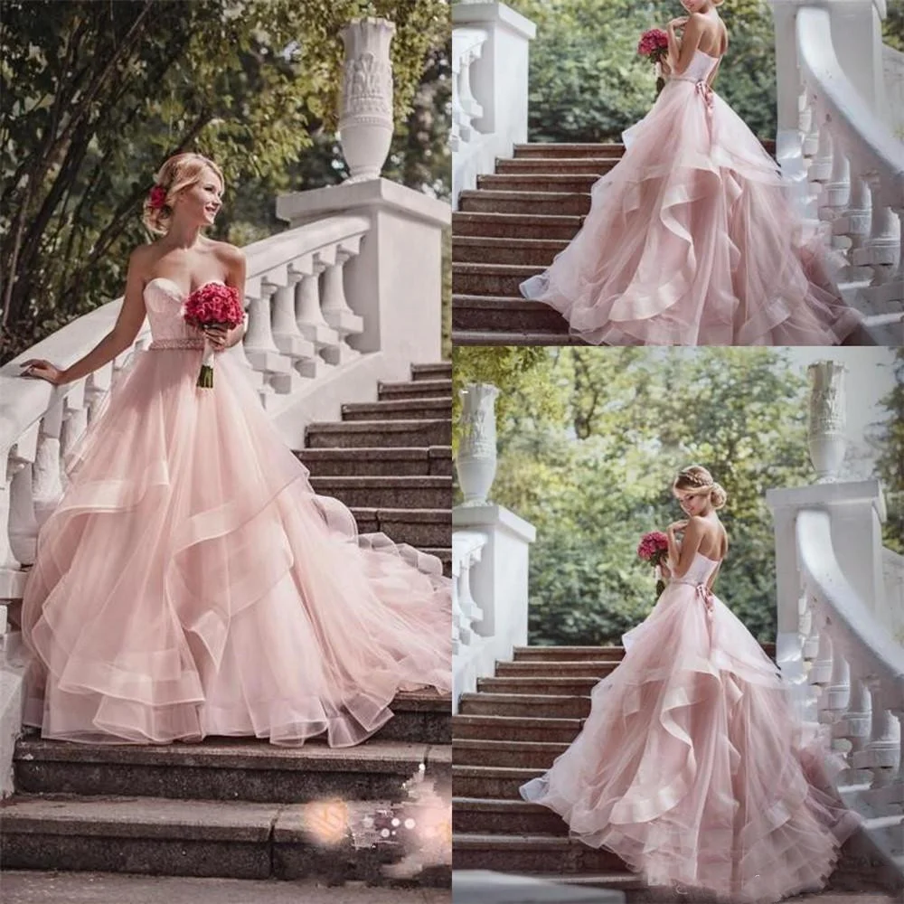 『Cheap!!!』- Sweetheart Beads Ruffles Bohemian Bridal Gown Sweep Train
Blush Pink Garden Wedding Dresses Elegant Princess Tulle Backless