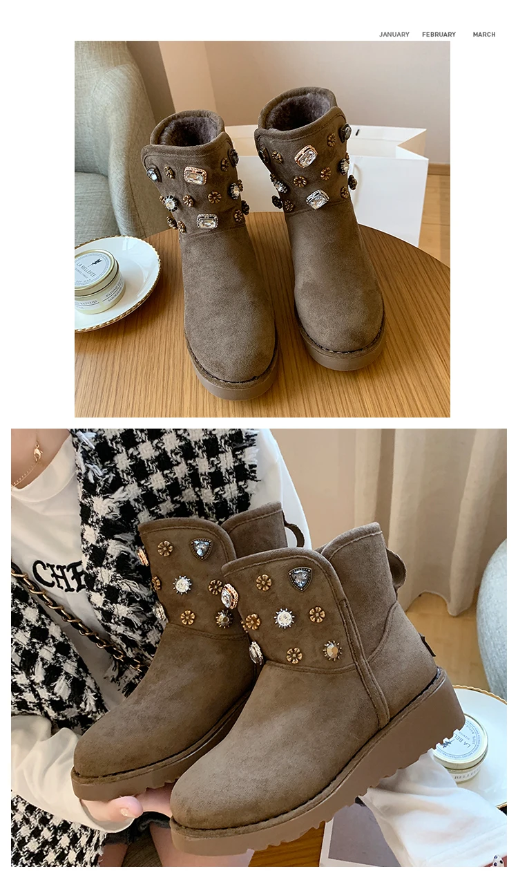Winter Women Suede Plush Lining Ankle Fur Platform Snow Boots Flat With Black/Brown Rivet Emu Boots Fashion Cotton Shoes