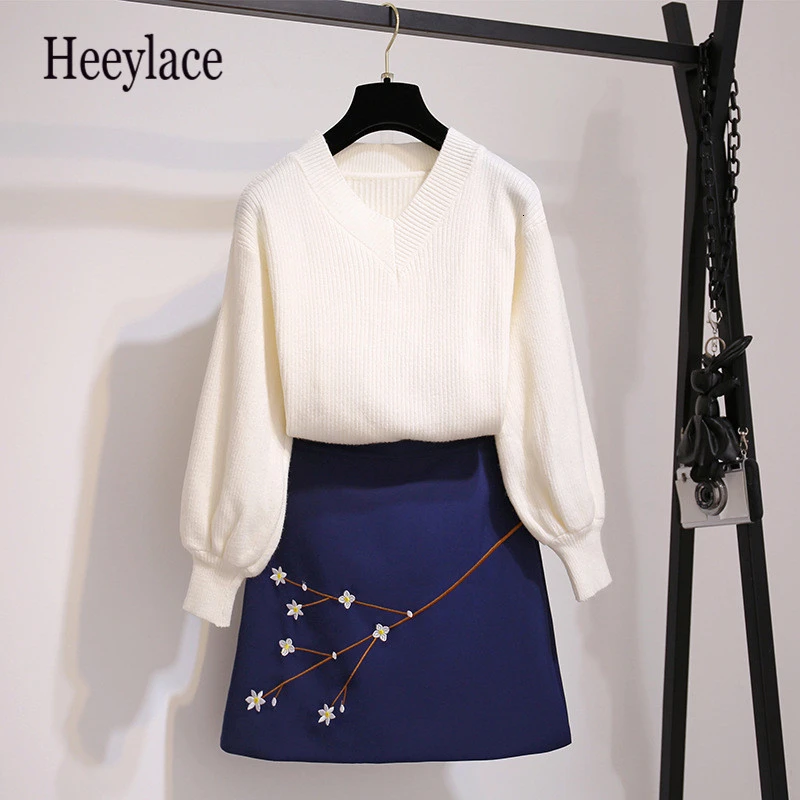 

autumn 2 piece mini skirt set white knitted sweater casual women 2 piece set office two piece outfits Korean Winter set