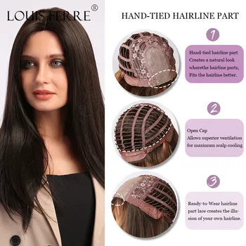 

LOUIS FERRE Long Straight Hair Wig Dark Brown Synthetic Wigs for Women Cosplay Daily Natural Looking Hairline Part Lace Wigs