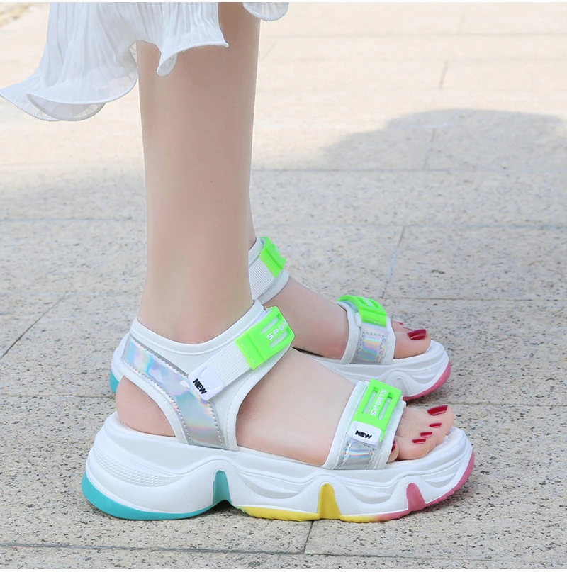 sandálias mulher 5.5cm altura crescente colorido verão hook & loop sapatos femininos