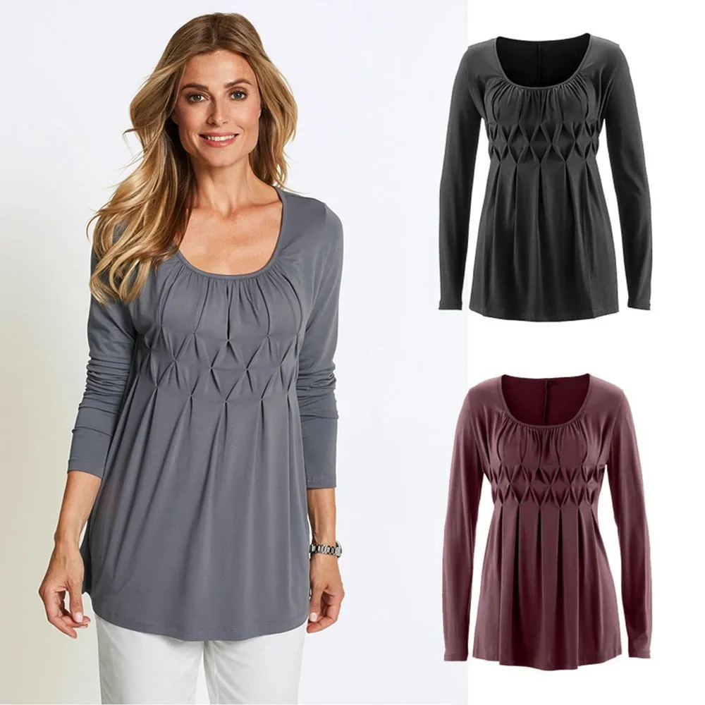 

Autumn Women Slim Basic T-Shirts Solid Ruched Row Pleated T-Shirts Casual O-Neck Tunic Long Sleeve T-Shirts